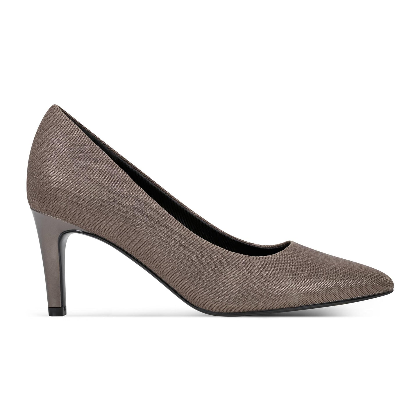 Taupe pointed toe pump with a stiletto heel.
