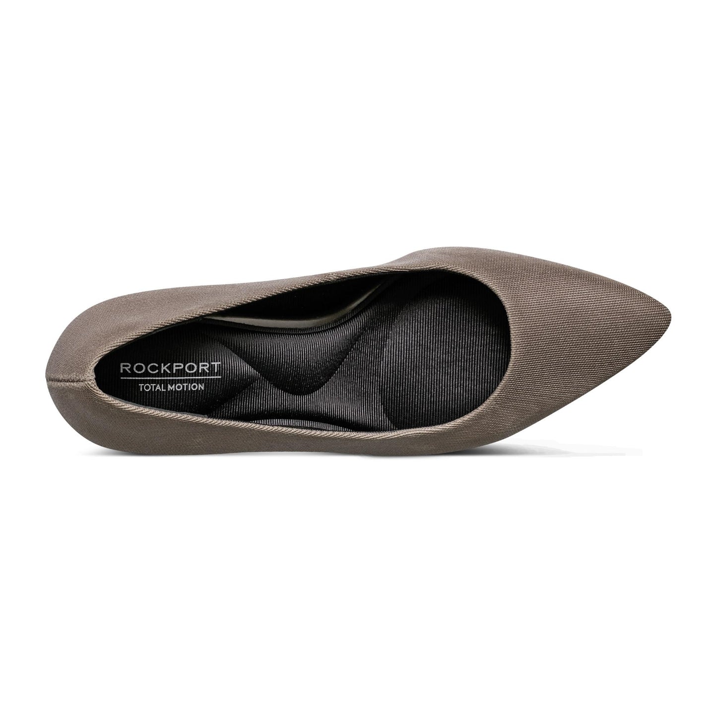 Top-down view of a taupe-colored woman's pointed-toe dress shoe featuring a cushioned insole with the text "ROCKPORT TOTAL MOTION".
