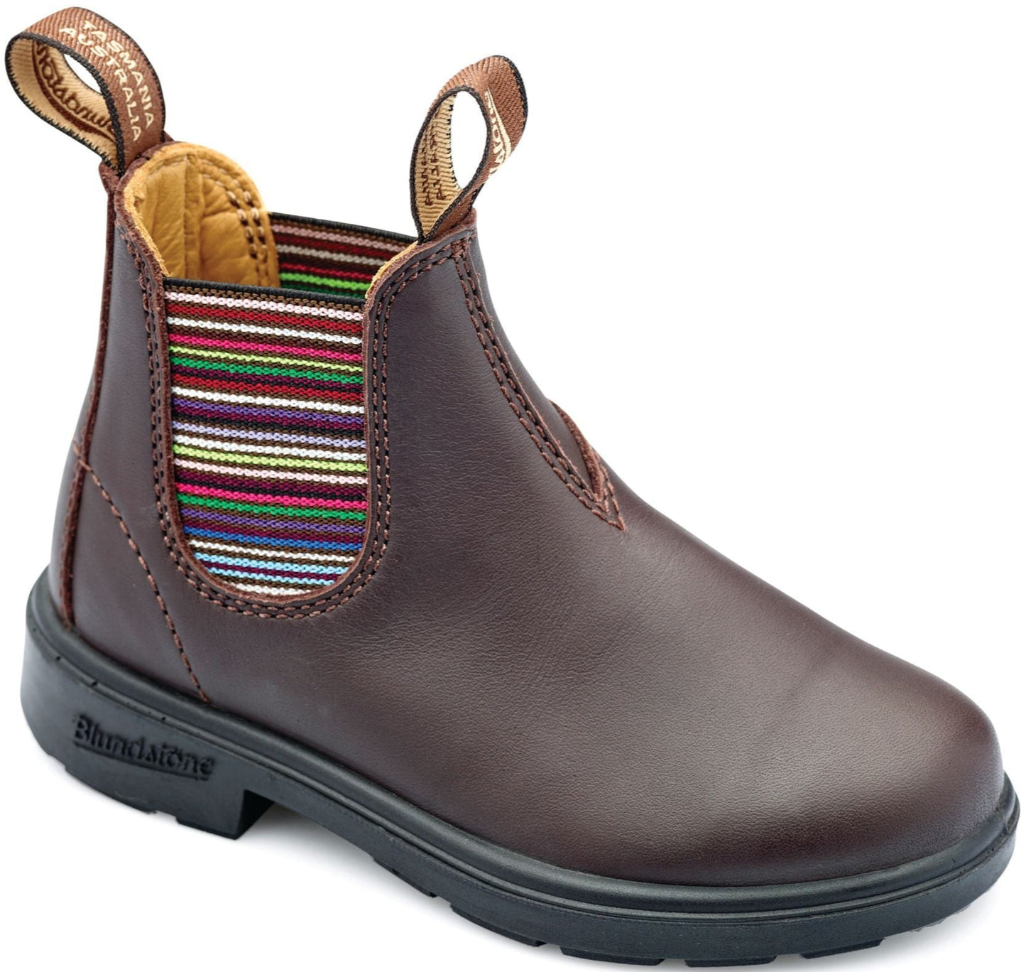 Brown leather ankle boot with striped elastic side panels and black sole.