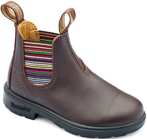 Brown leather ankle boot with striped elastic side panels and black sole.