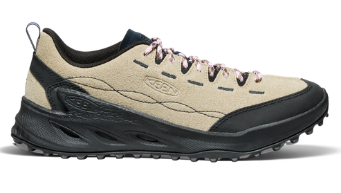 Tan and black athletic shoe with patterned laces.