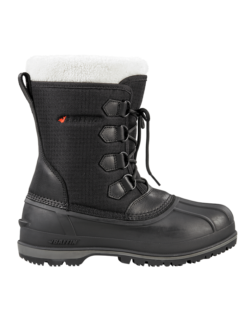 Black winter boot with white faux fur trim, lace-up front, and treaded sole.