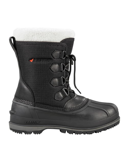 Black winter boot with white faux fur trim, lace-up front, and treaded sole.