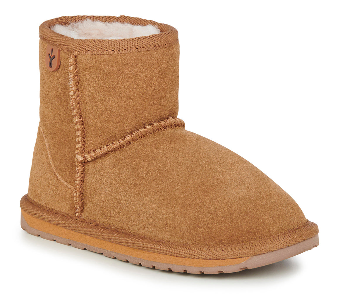 Tan, sheepskin ankle boot with visible stitching.