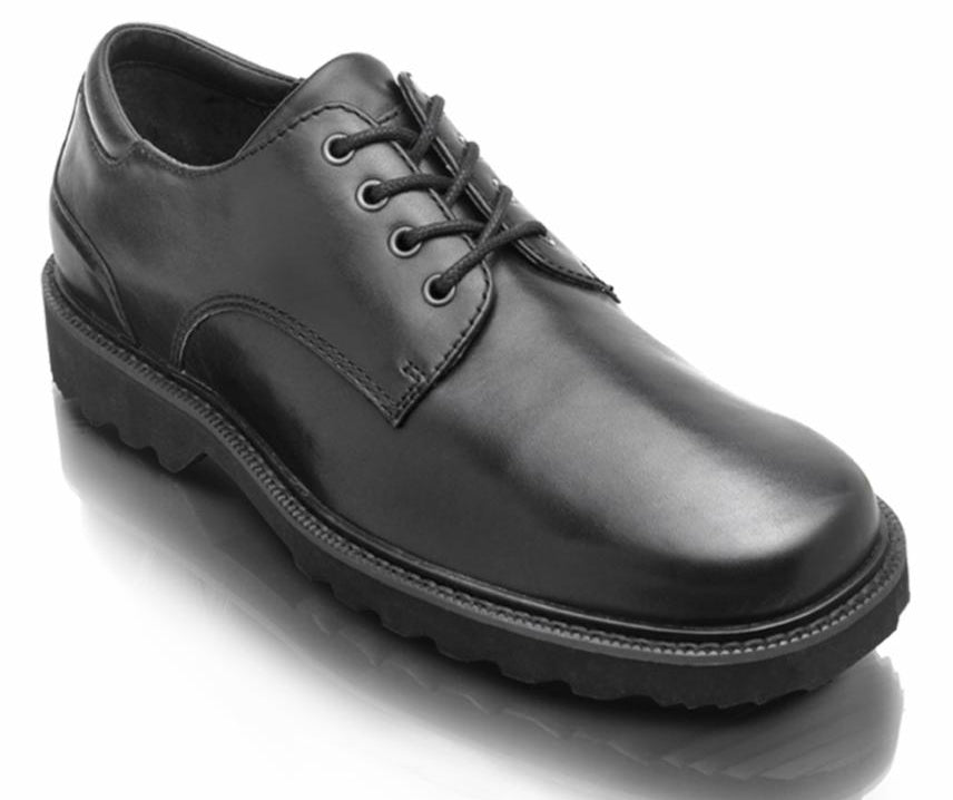 Black leather dress shoe with laces and lug sole.