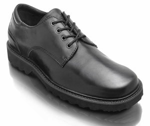 Black leather dress shoe with laces and lug sole.