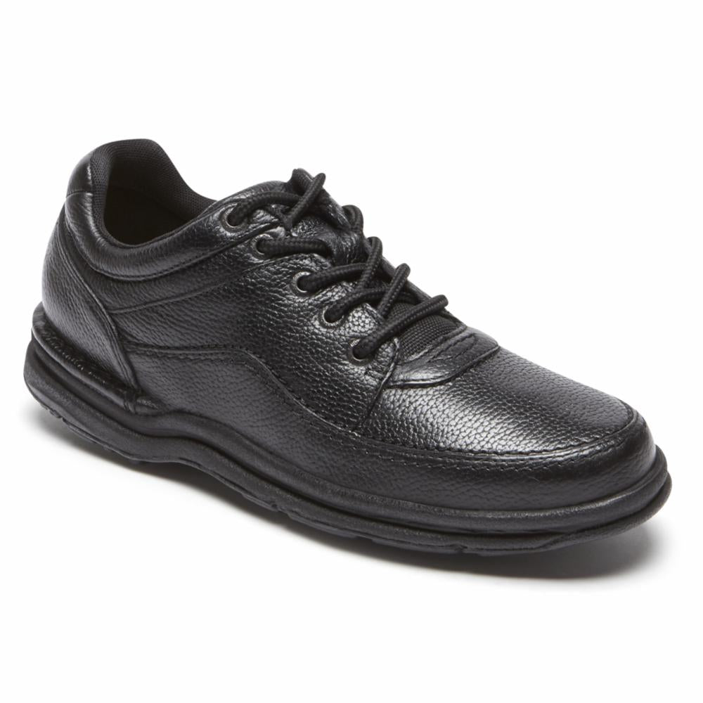 Black leather lace-up walking shoe.