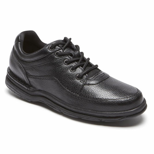 Black leather lace-up walking shoe.