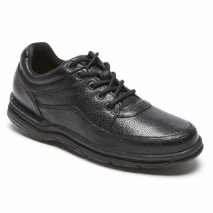 Black leather walking shoe with a lace-up closure.