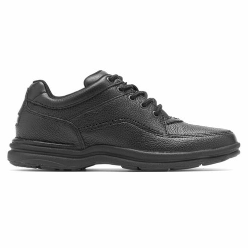 Black leather walking shoe with lace-up closure and a thick, dark sole.