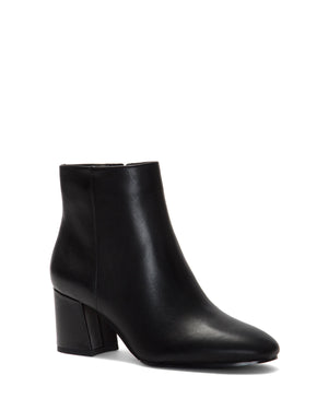 Black ankle boot with a block heel and pointed toe.