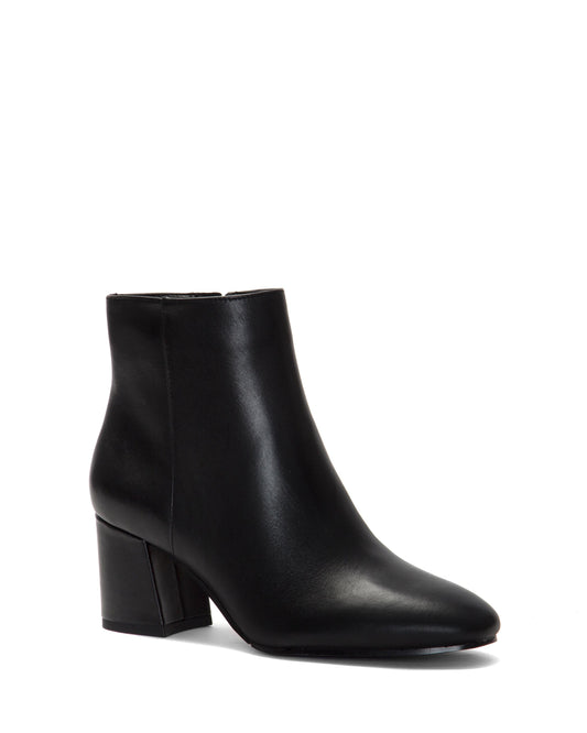 Black ankle boot with a block heel and pointed toe.