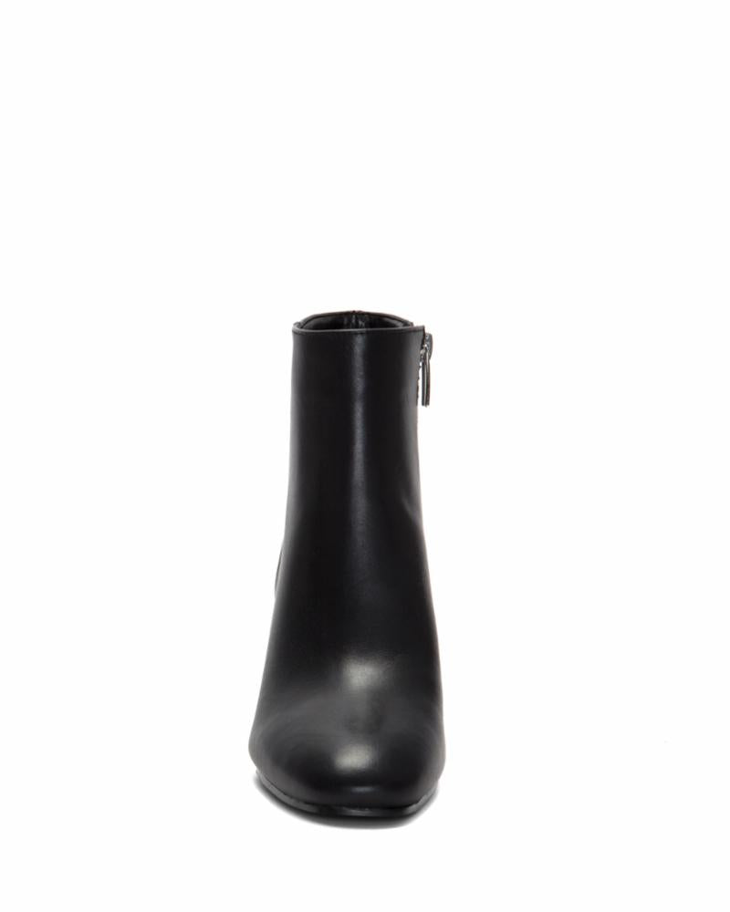 Black leather bootie with side zipper and block heel.