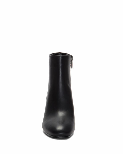 Black leather bootie with side zipper and block heel.