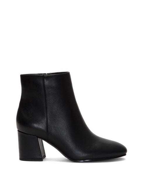 Black leather ankle boot with a block heel.