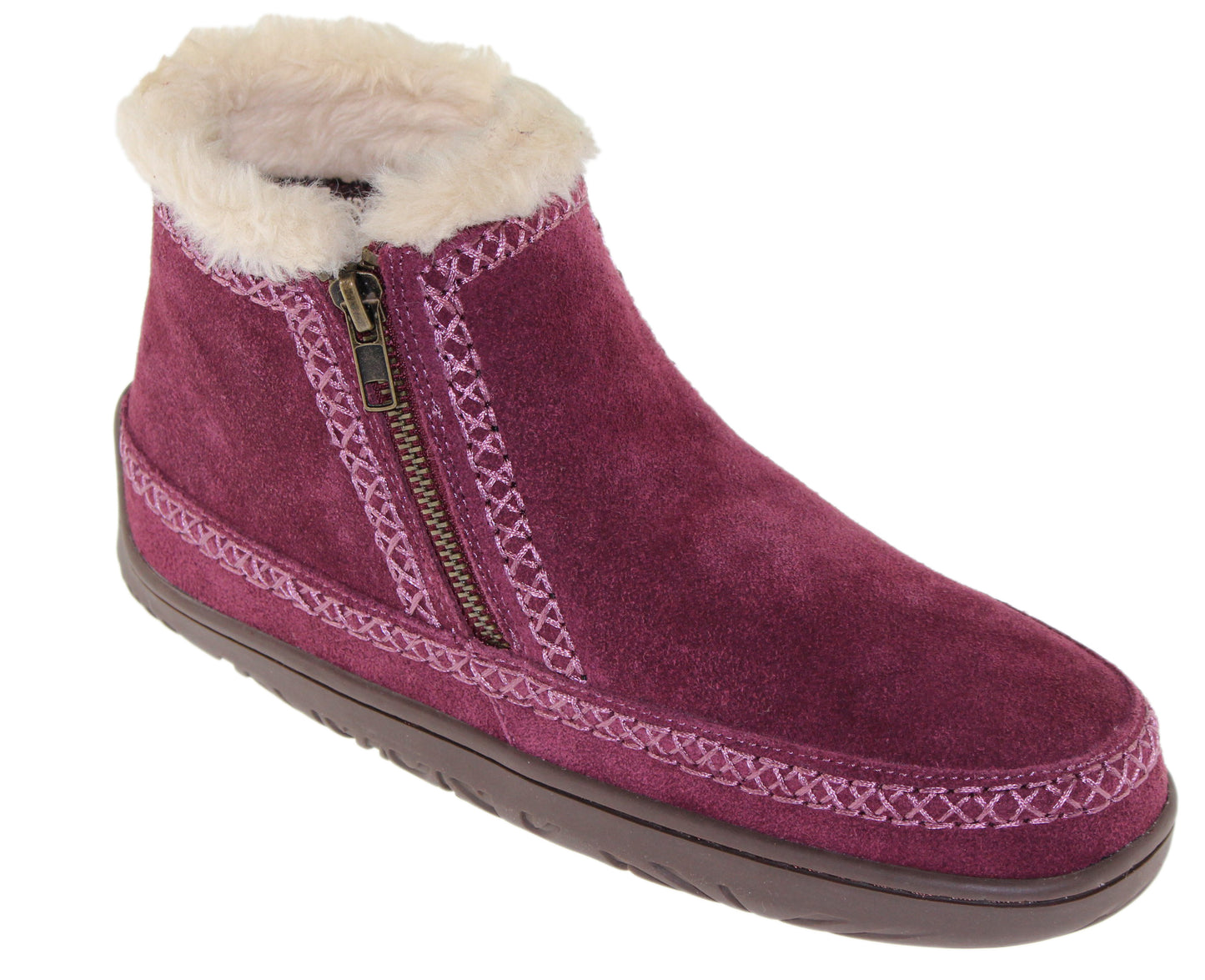 Maroon slipper boot with zipper, faux fur trim and decorative stitching.