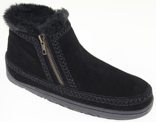 Black suede ankle boot with faux fur trim and side zipper.