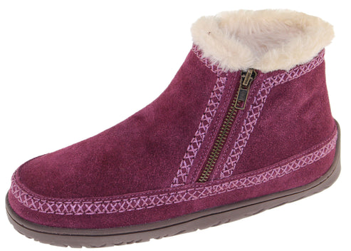 Suede ankle bootie with zipper closure and faux fur lining