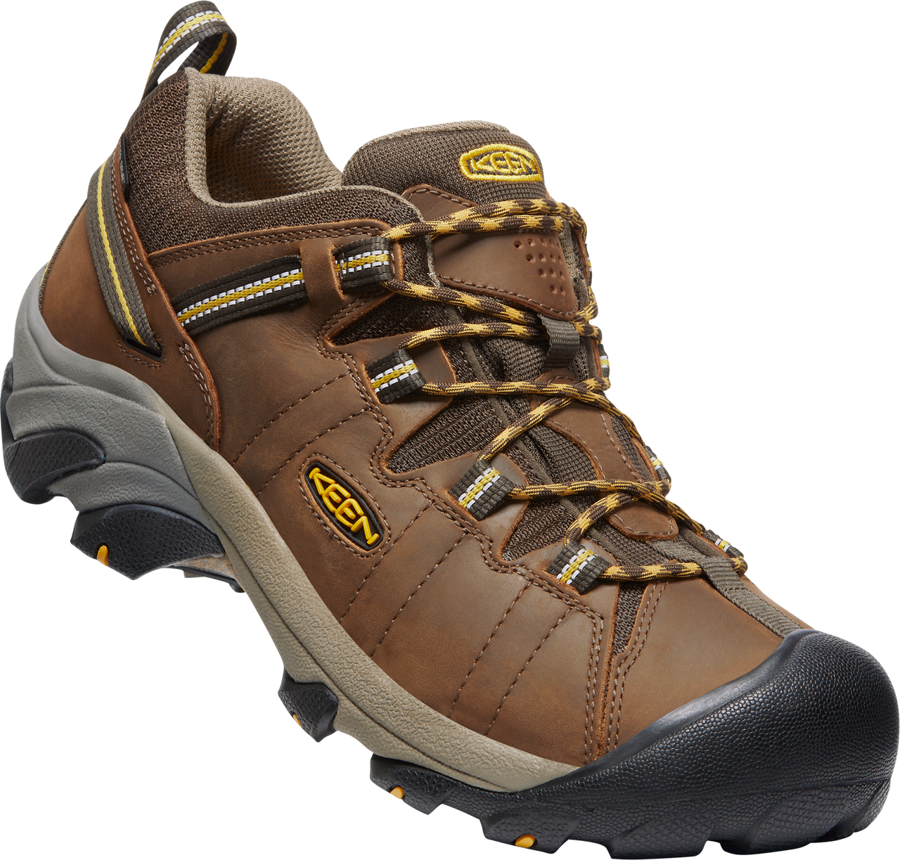 Brown leather hiking shoe with black toe cap and speckled brown and black laces.