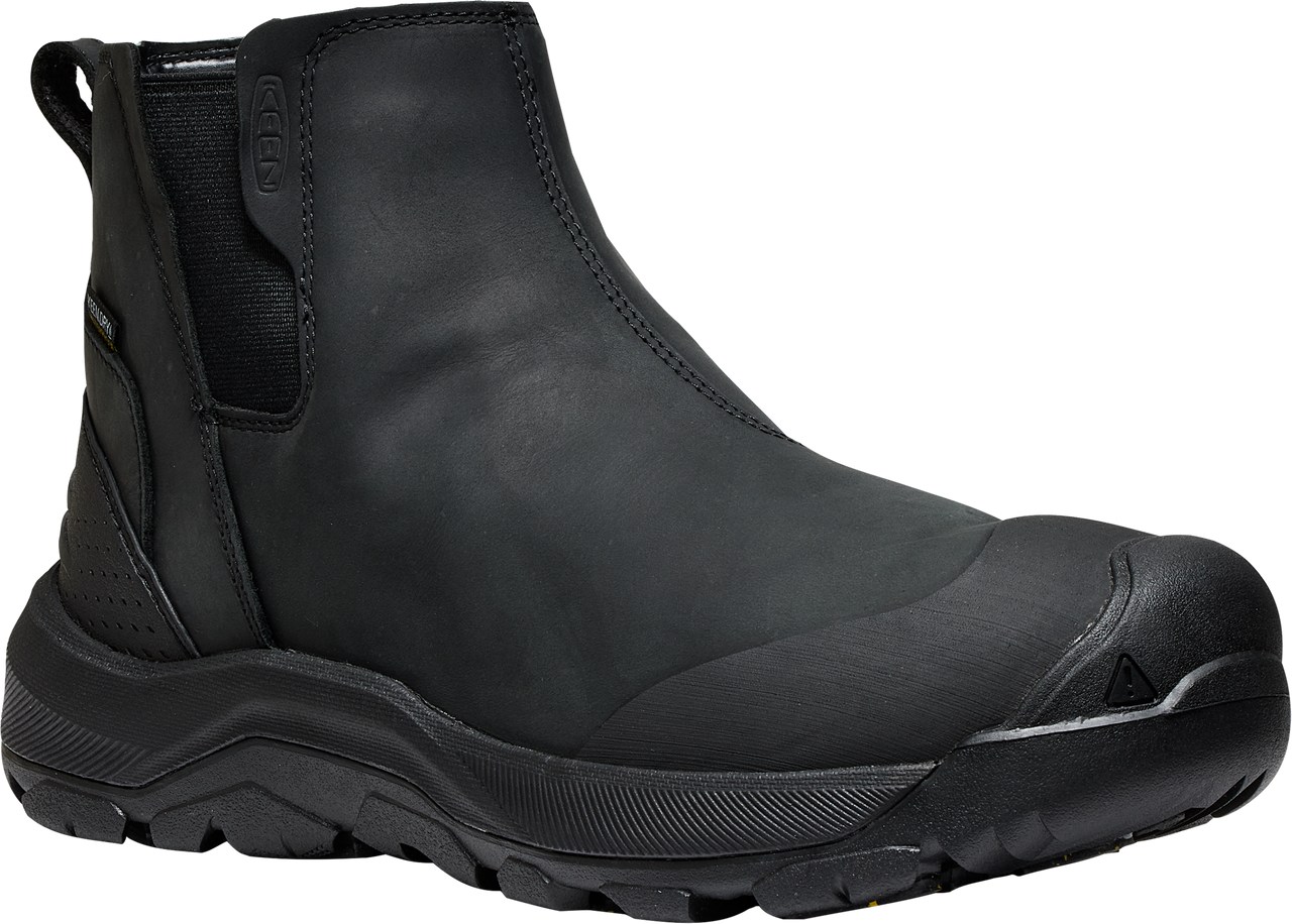 Black leather, ankle-high boot with black sole and toe cap.