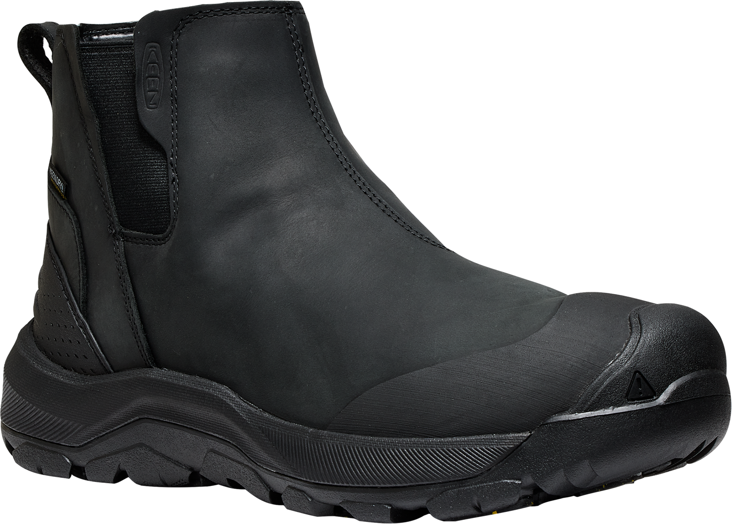 Black leather, ankle-high boot with black sole and toe cap.
