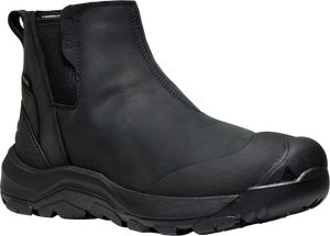 Black leather, ankle-high boot with black sole and toe cap.