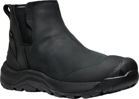Black leather, ankle-high boot with black sole and toe cap.