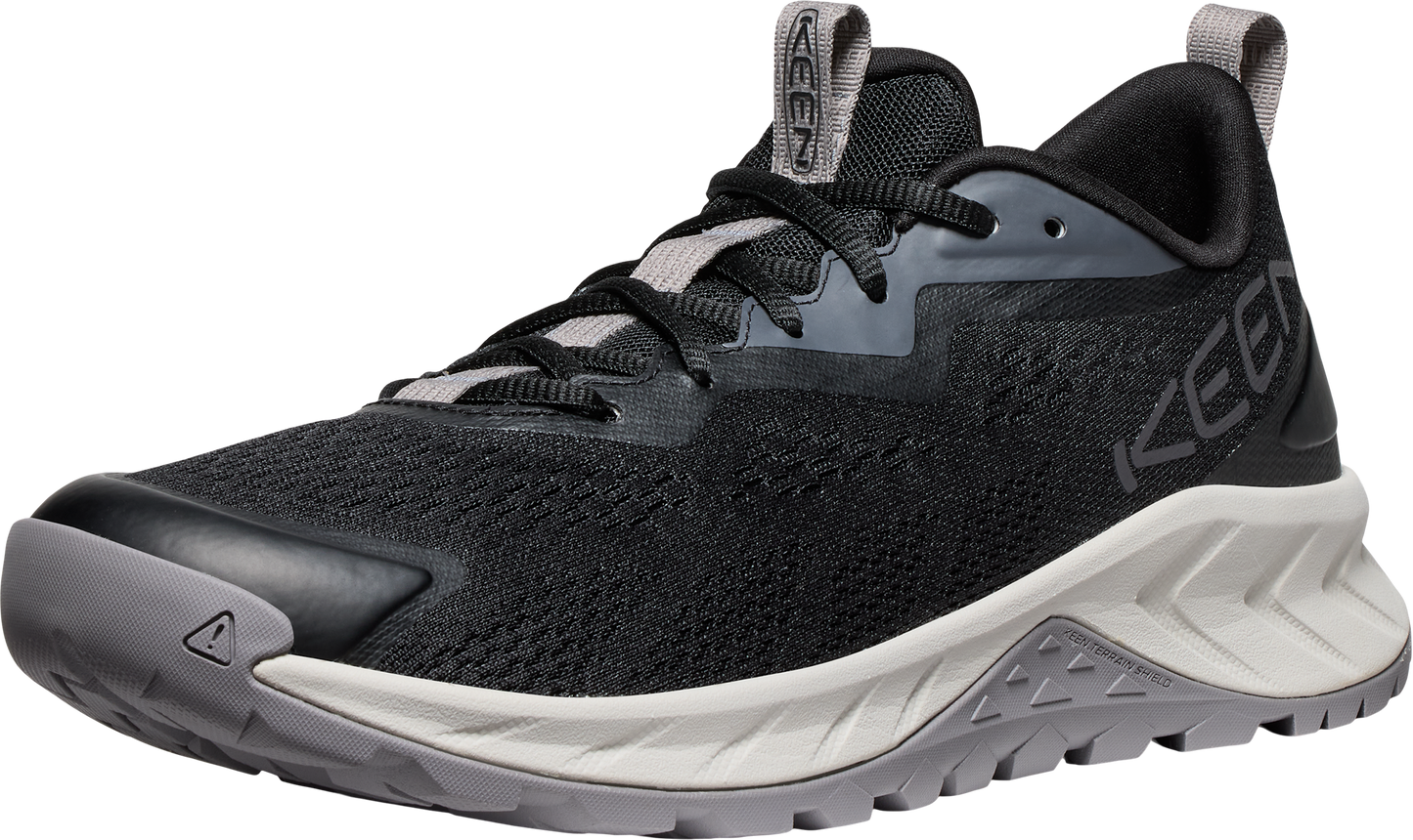 Black and gray trail running shoe with KEEN logo on side, gray laces and sole
