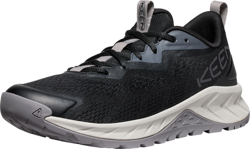 Black and gray trail running shoe with KEEN logo on side, gray laces and sole