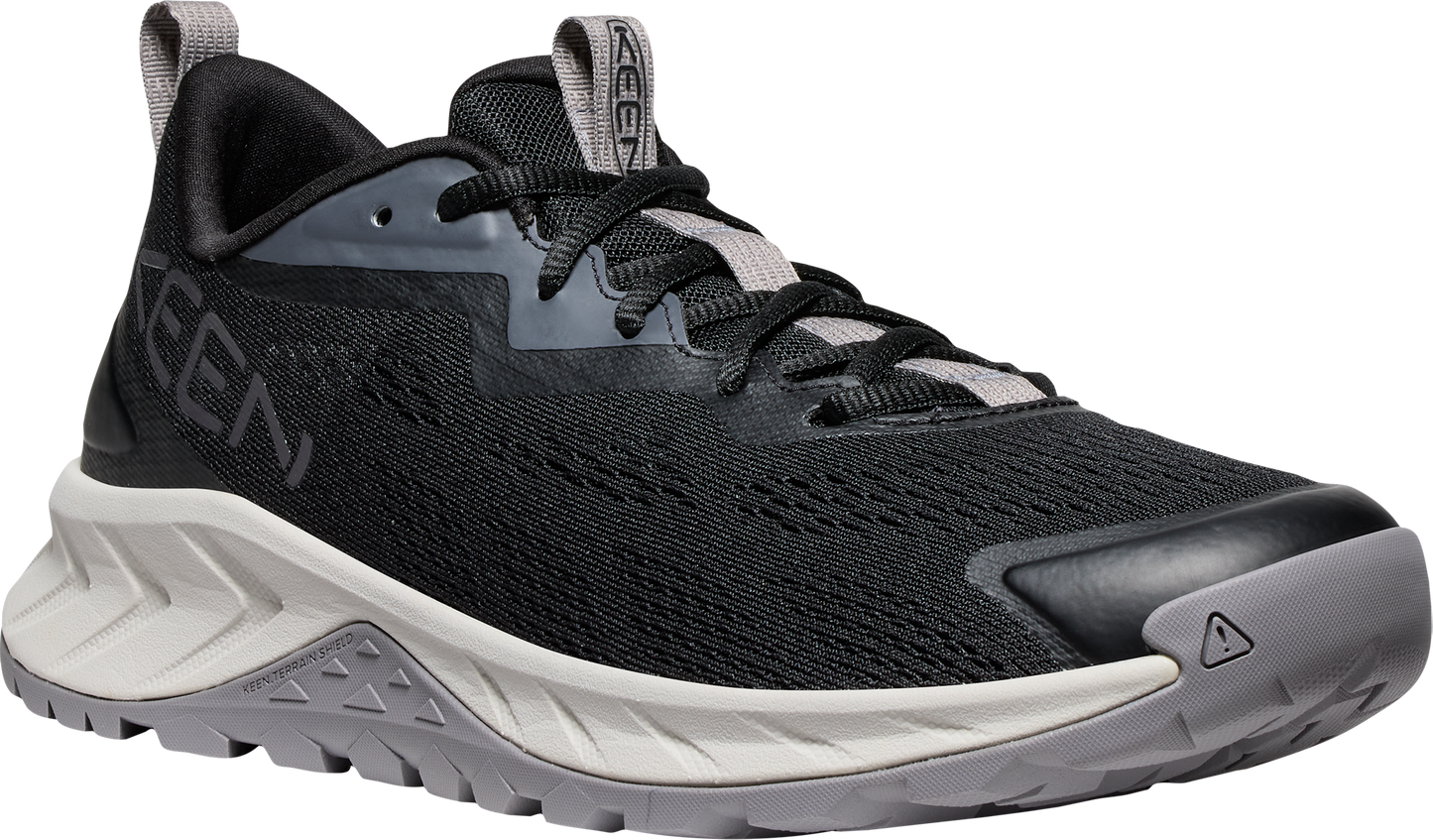 A black low-top trail running shoe with a gray sole, laces, and KEEN logo.