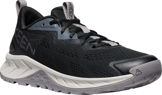 A black low-top trail running shoe with a gray sole, laces, and KEEN logo.
