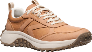 Tan leather low-top sneaker with white laces and a thick white midsole, and a brown lug outsole.