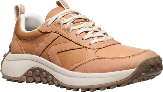 Tan leather low-top sneaker with white laces and a thick white midsole, and a brown lug outsole.