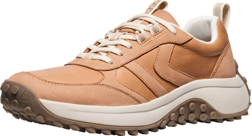 Tan leather sneaker with a white sole.
