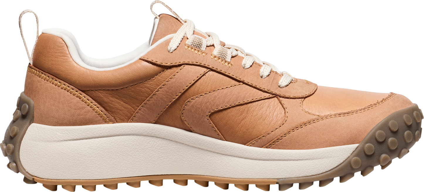 Tan leather sneaker with a white sole.