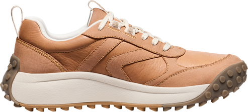 Tan leather sneaker with a white sole.