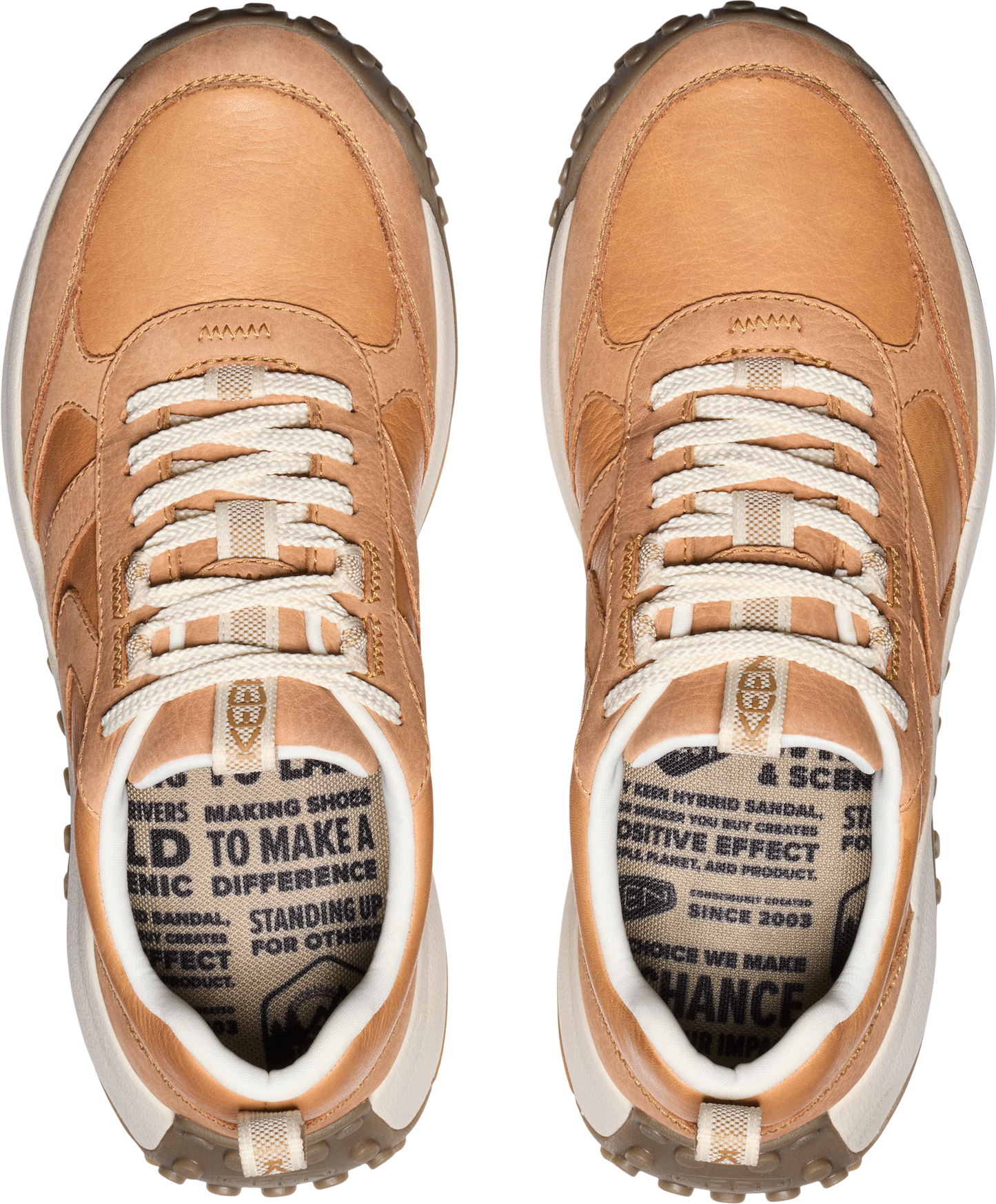 Overhead view of tan leather sneakers with white laces and soles.