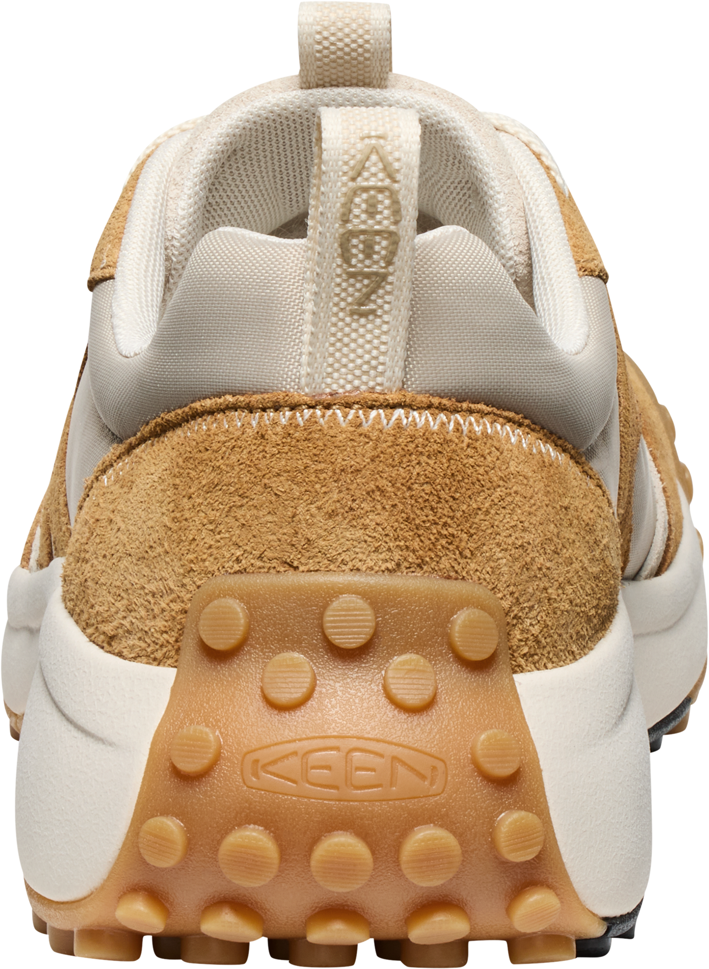 Rear view of a beige, cream and tan low top athletic shoe with KEEN branding visible.