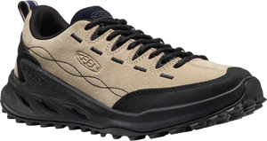 Beige suede sneaker with black laces and outsole.