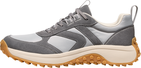 A gray athletic shoe with gray laces and a lug sole.