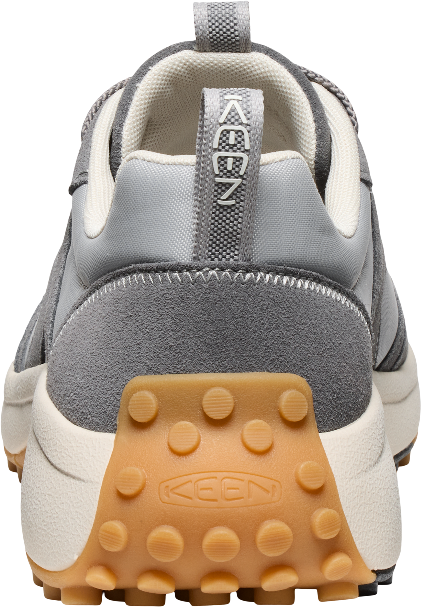 Gray hiking shoe rear view with a textured brown sole.