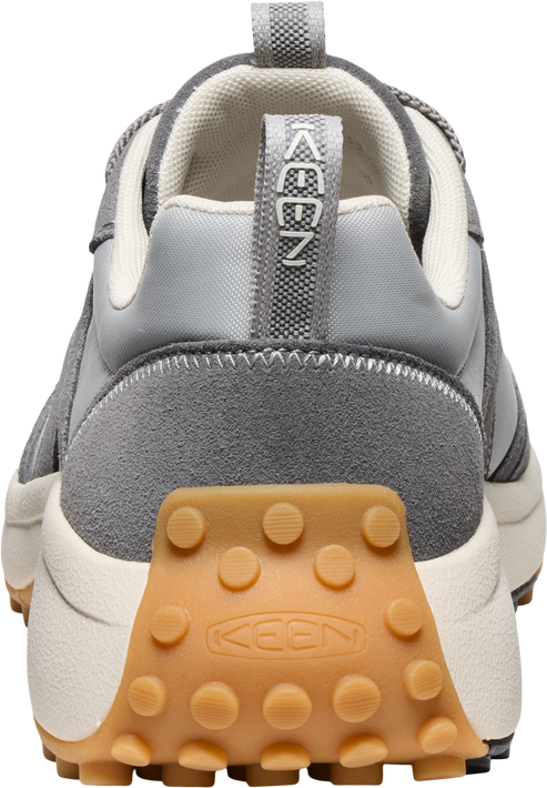 Gray hiking shoe rear view with a textured brown sole.