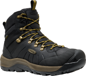 High-cut black leather boot with gold eyelets and laces, featuring a chunky brown sole.