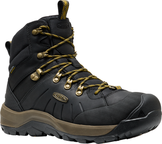 High-cut black leather boot with gold eyelets and laces, featuring a chunky brown sole.