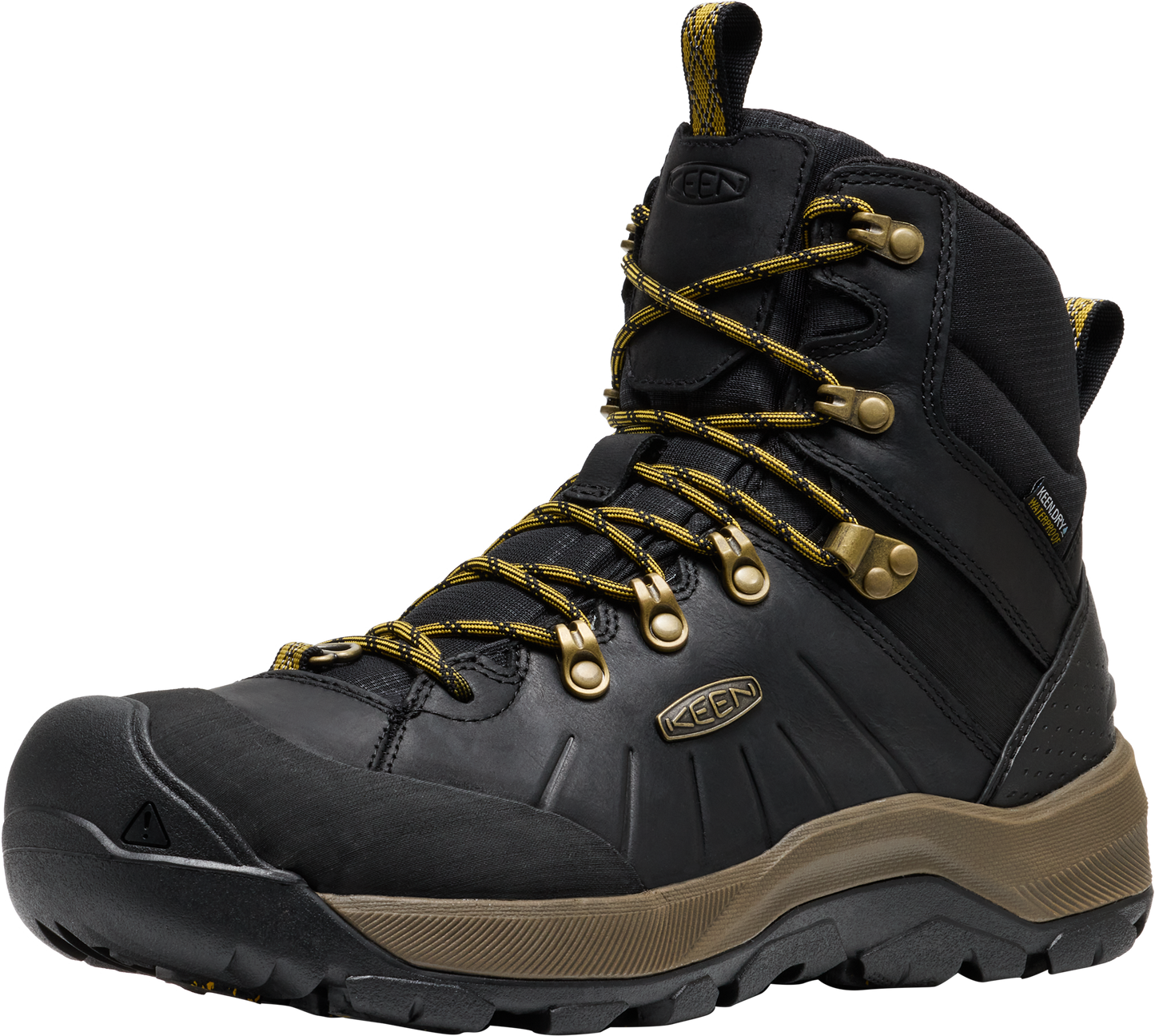 A black high top boot with gold laces and accents, and a textured brown sole.