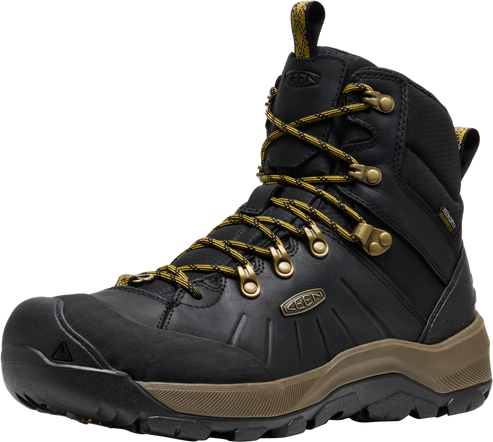 A black high top boot with gold laces and accents, and a textured brown sole.