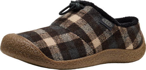 A plaid slipper with a tan toe and sole.