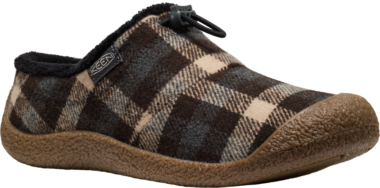 A wool plaid slipper with a brown toe cap.