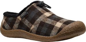A wool plaid slipper with a brown toe cap.