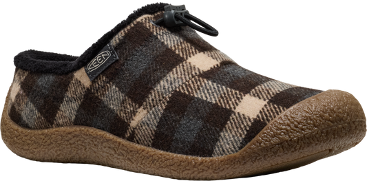 A wool plaid slipper with a brown toe cap.